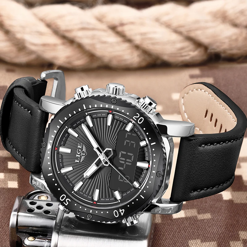 

LIGE Men's Watches Luxury Brand Sport Watch Men LED Digital Waterproof Leather Quartz Watches Man Clock Relogio Masculino+Box