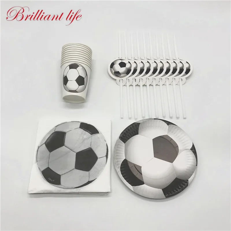 

White Football Theme 50pcs Boy Birthday Party Cartoon Paper Cup Plate Straw Tissue Festival Wedding Napkin Print Football Supply
