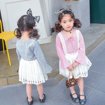 

Children Wear 2018 New Girls Korean Fine Lattice Lace Bottom Girls Shirt + Skirt Suit