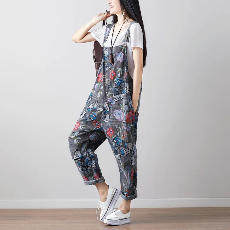 Streetwear Summer Women Jumpsuits Floral Printed Rompers Sexy Loose Backless Women Pockets Drop Crotch Denim Rompers Harajuku