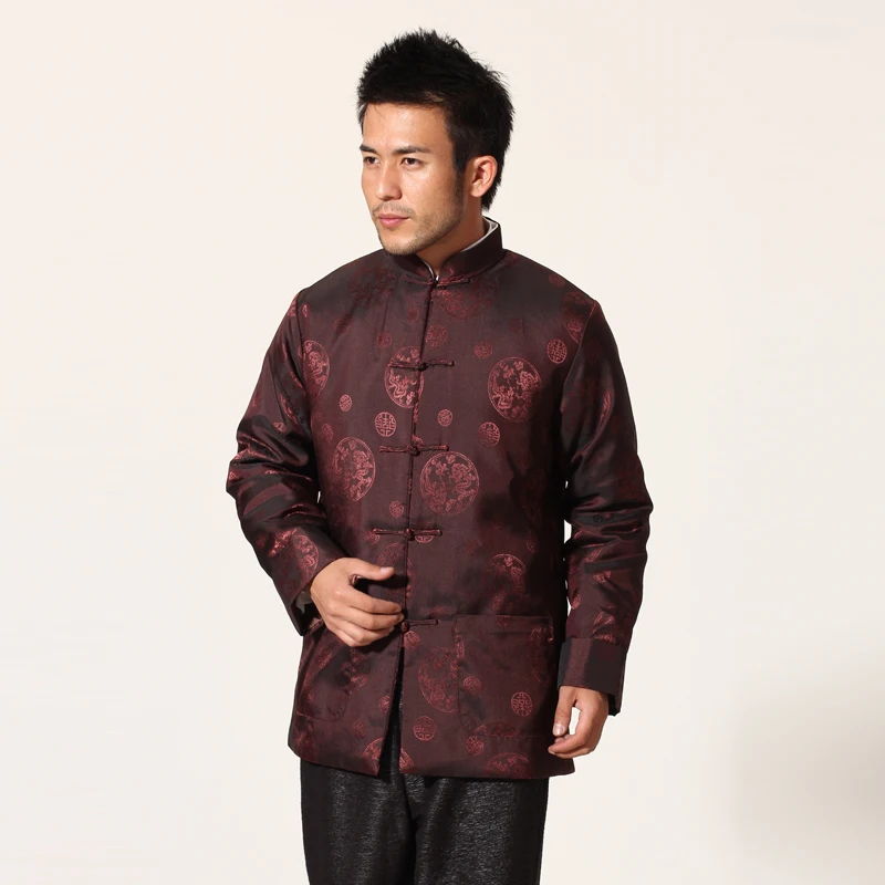 Brown Chinese Traditional Men Silk Satin Jacket Vintage Totem Coat Apec