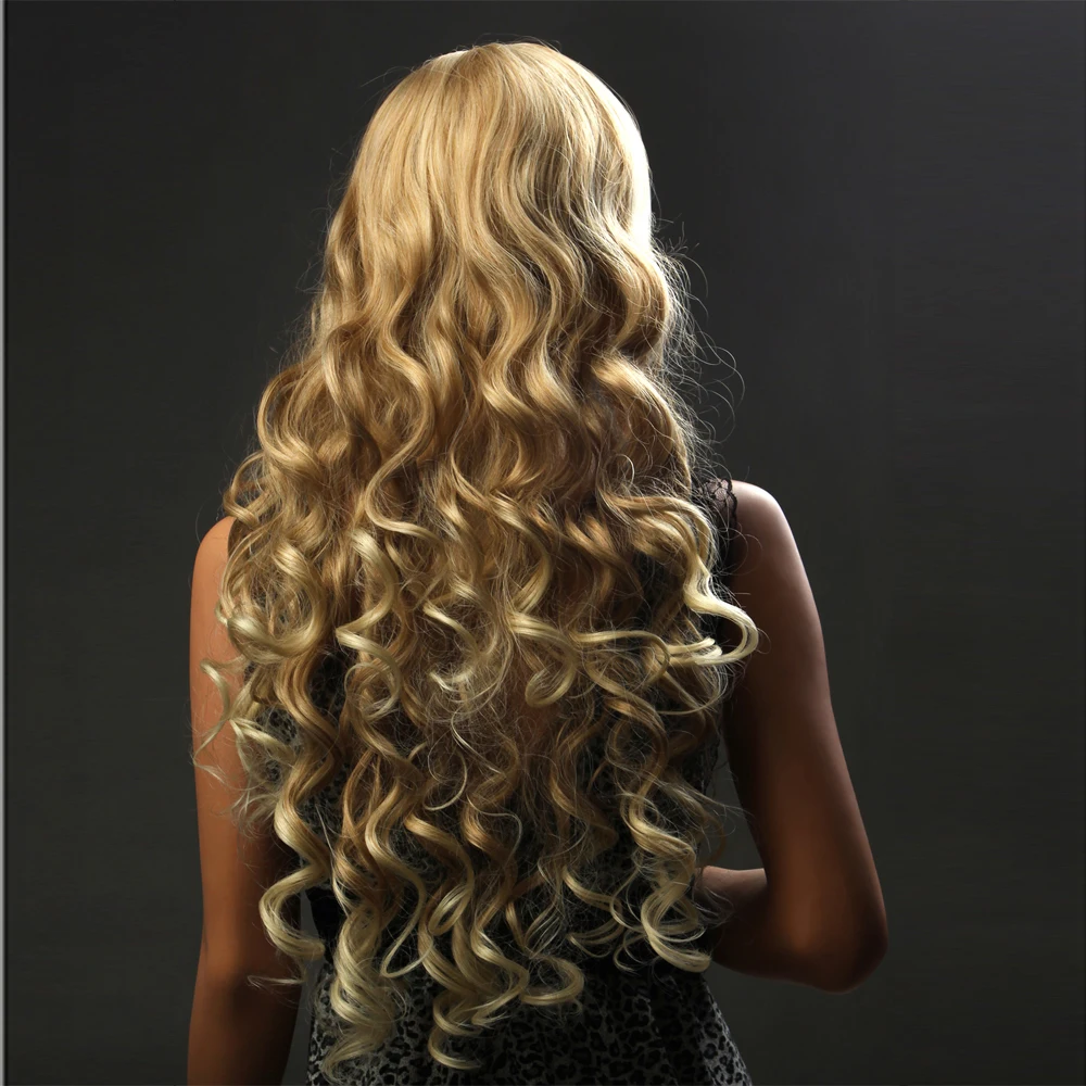 Yiyaobess 28 дюймов микс золотой длинный волнистый парик с челкой синтетические волосы парики для женщин японское волокно