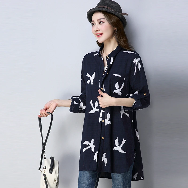 

#2913 Spring 2019 Long Sleeve Shirt Women Animal Print Cardigan Shirt Tunic Plus Size Loose Vintage Cotton Linen Blouse Female