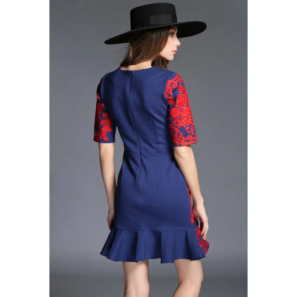 Осень-зима, дизайнерские женские платья, темно-синие, труба, Русалка, красный цветок, вышивка, модное винтажное Брендовое платье для мероприятий