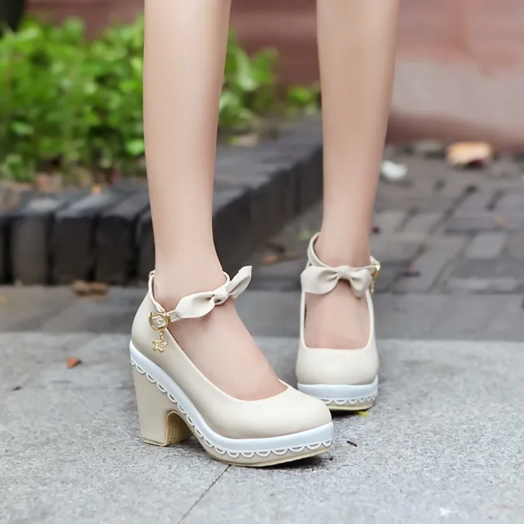

Sweetheart bow ankle strap platform thick heels woman shoes Lace pumps