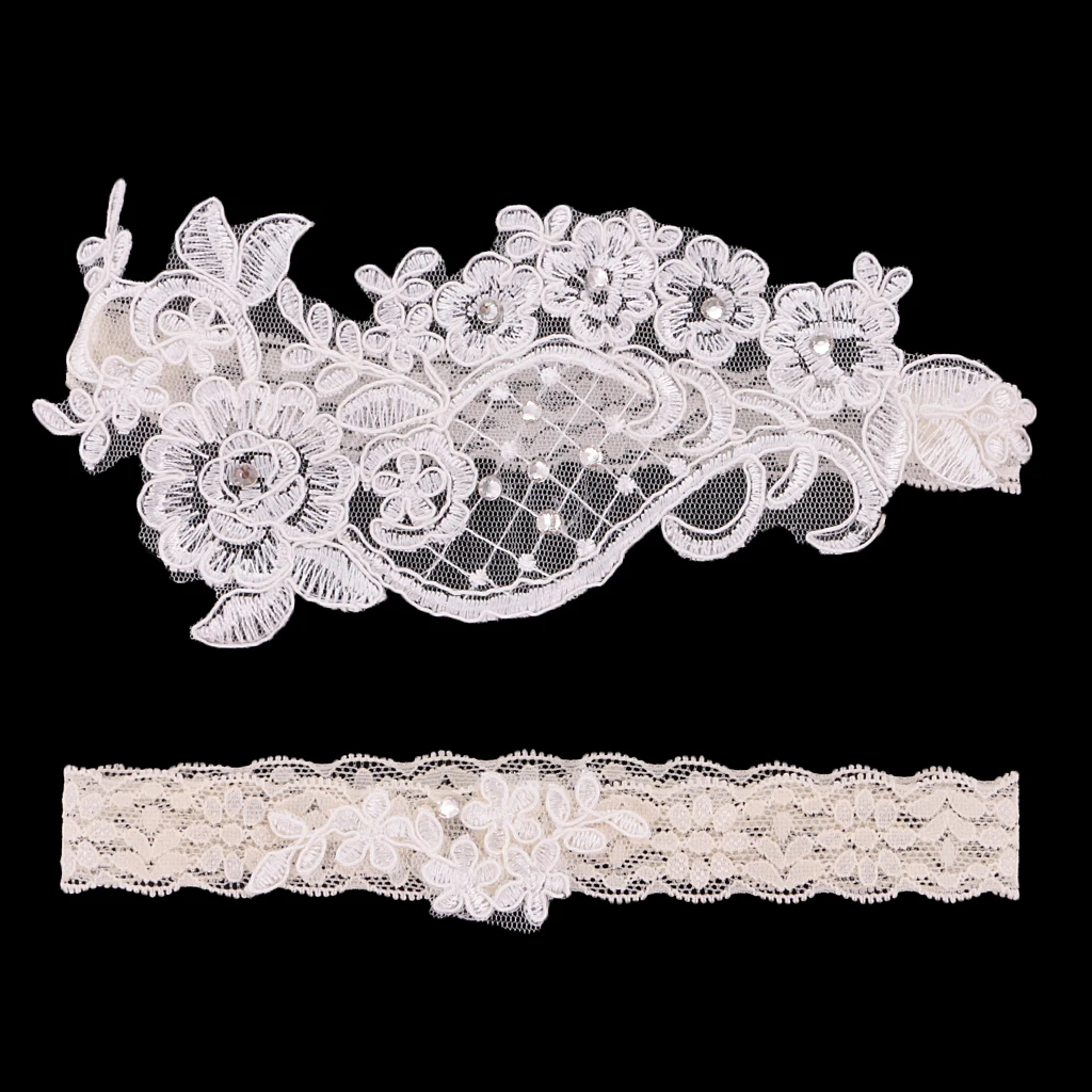 

2 Pieces Wedding Party Garter Set Lace Flower Diamante Crystal Stretch Garter Belt Props Keepsake Garter