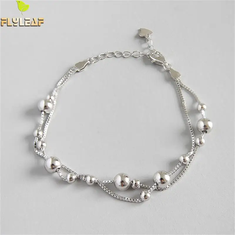 

Flyleaf 925 Sterling Silver Bracelets For Women Beads Box Chain Double Layer Simple Fashion Fine Jewelry Bracelets & Bangles