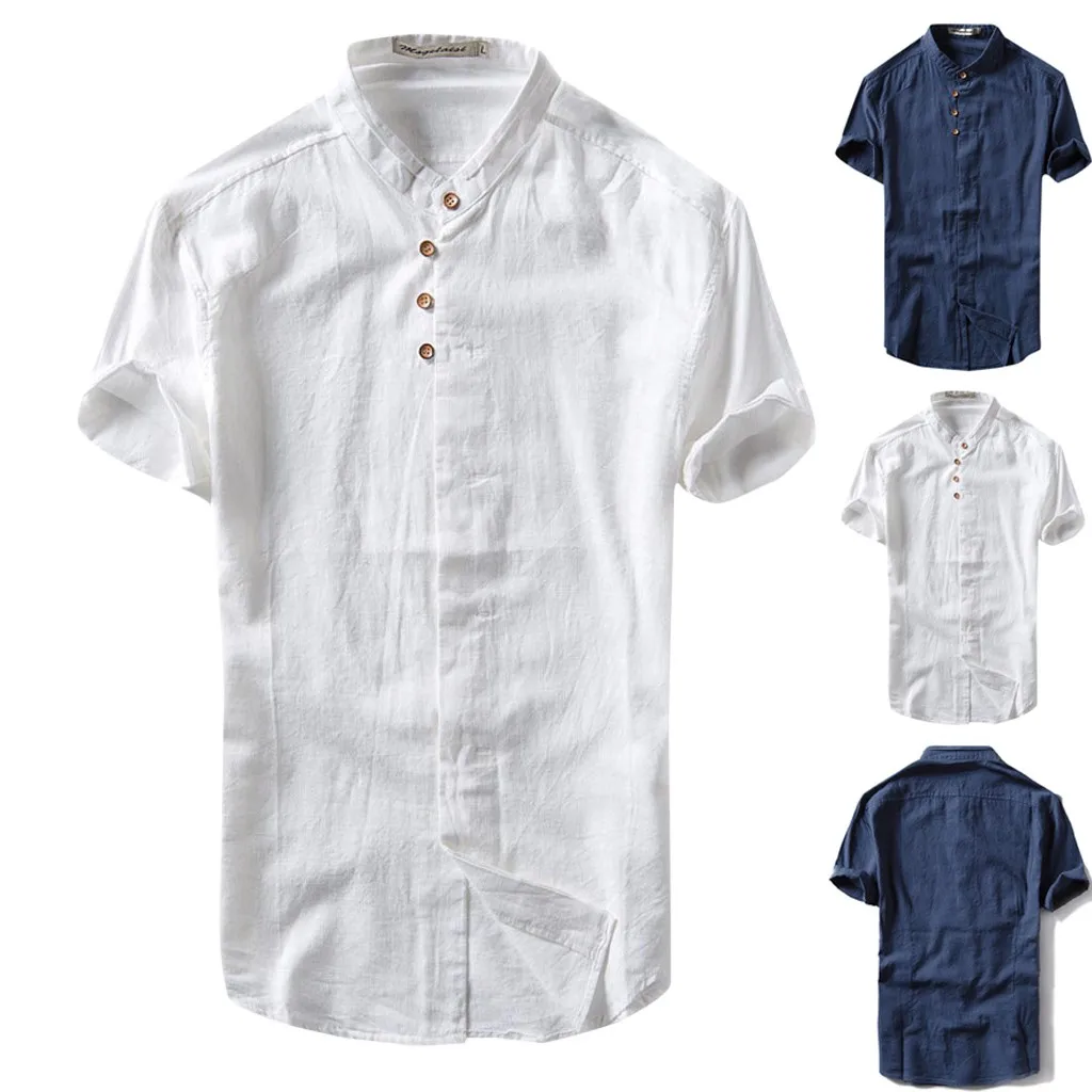 

Fashion Retro T Shirts Casual short sleeve Tops Men's Cotton Linen Solid Color Short Sleeve