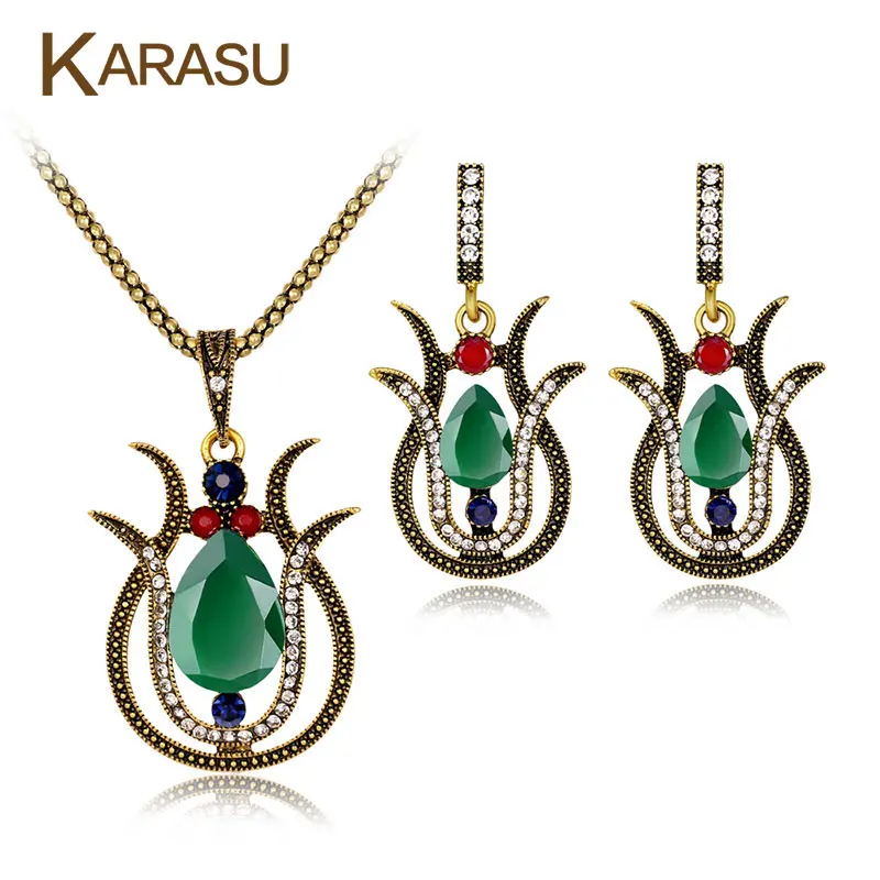 

New Vase Drop Water Pendant Necklace Resin Red Green Crystal Vintage Earrings Jewelry Sets for Women Party