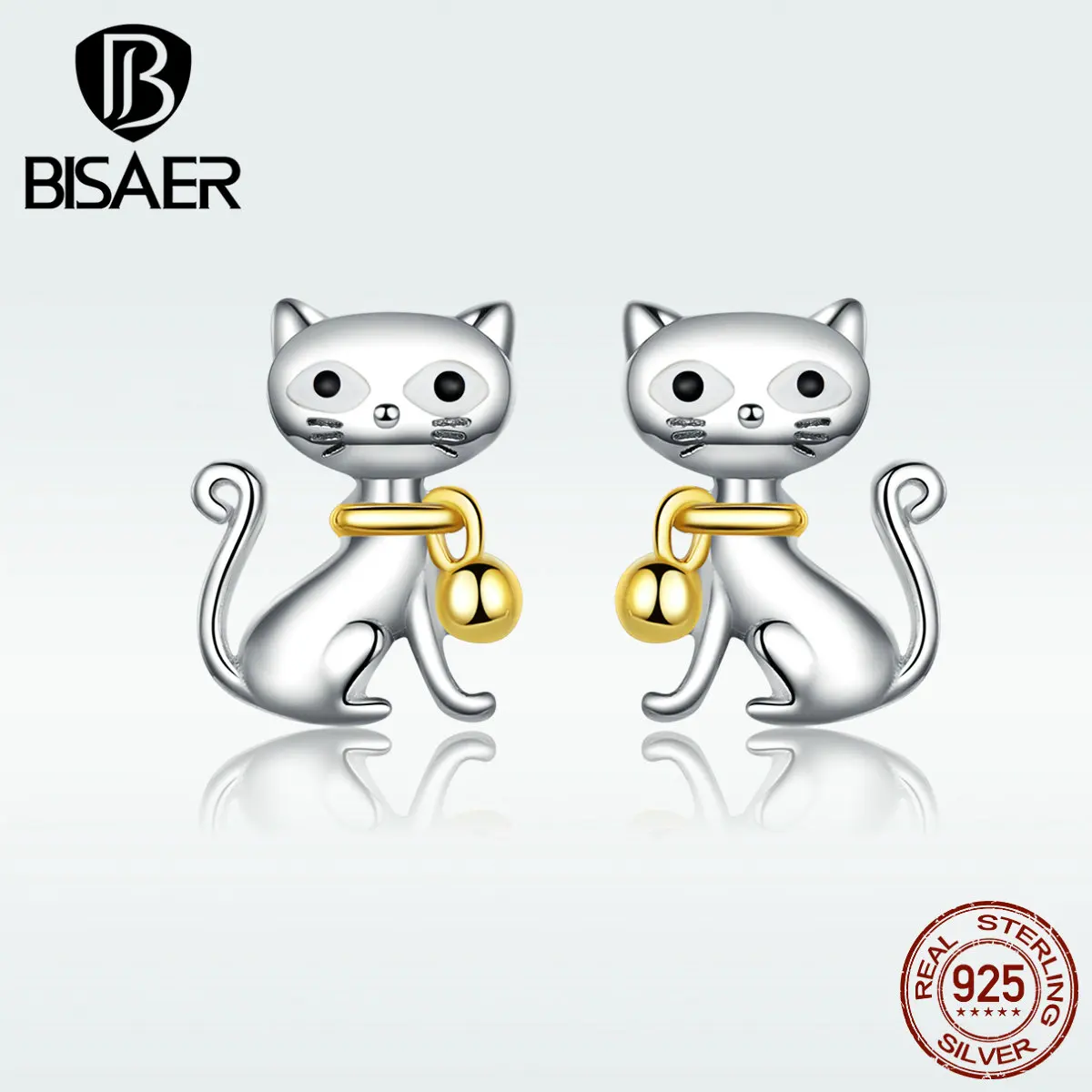 

BISAER Meow Earrings 925 Sterling Silver Cute Kitty Earrings With Bell Cat Meow Earrings Jewelry Animal Accessories Gifts GAE112