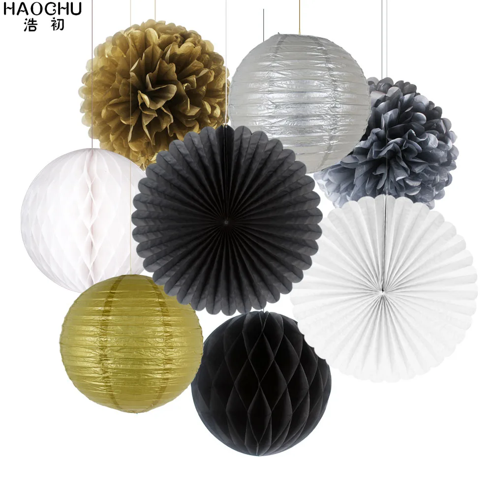 8pcs/Set Round Chinese Paper Lanterns Gold Silver Tissue Paper Honeycomb Balls Wedding Flower Birthday Party Hanging Decorations - Цвет: Black White