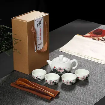 

Elegant Lotus Printed Ceramic Tea Set Include 1 Teapot 4 Teacups White Home Teapot Kettle Chinese Travel Ceramic Portable Teaset