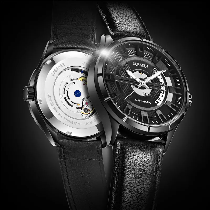 OUBAOER автоматические механические мужские часы из натуральной кожи часы с скелетом лучший бренд класса люкс спортивные военные мужские наручные часы