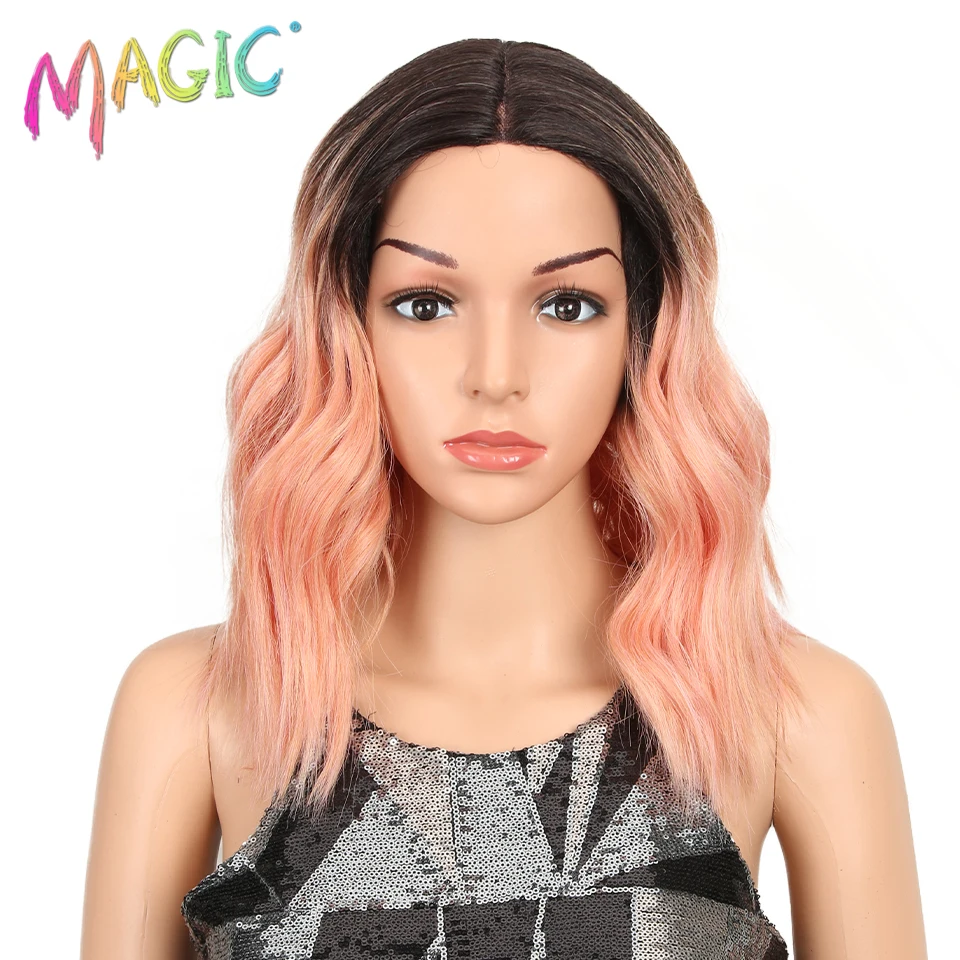 

MAGIC Hair 14"Inch Ombre Pink Wavy Wigs lace front Hair Synthetic Lace Wigs for Black Women Wave Wig High Temperature Fiber Hair