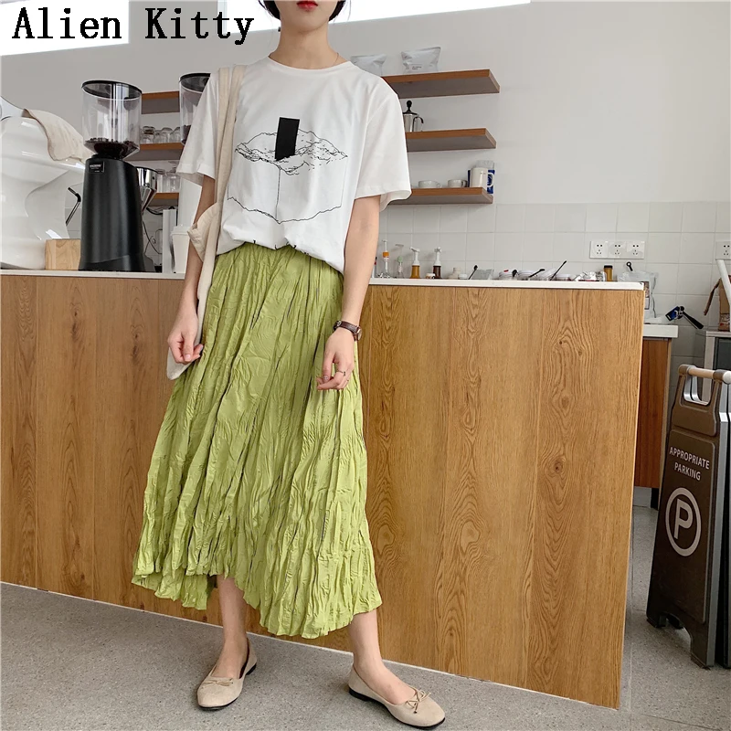 Alien Kitty плиссированные эластичные новые стильные женские ампир летние тонкие повседневные высококачественные женские до середины икры простые свободные зеленые юбки