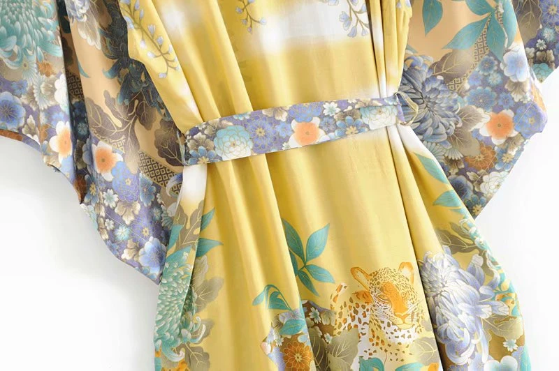 Винтажное шикарное женское кимоно с тигром цветочным принтом и поясом в богемном стиле, Женское Платье макси с v-образным вырезом и рукавами летучая мышь
