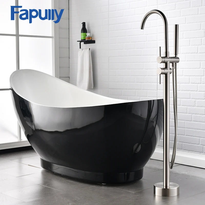 

Fapully Nickel Brushed Floor Standing Bathtub Faucet Set Bathroom Mixer Tap with Hand Spray Shower Mixer Taps
