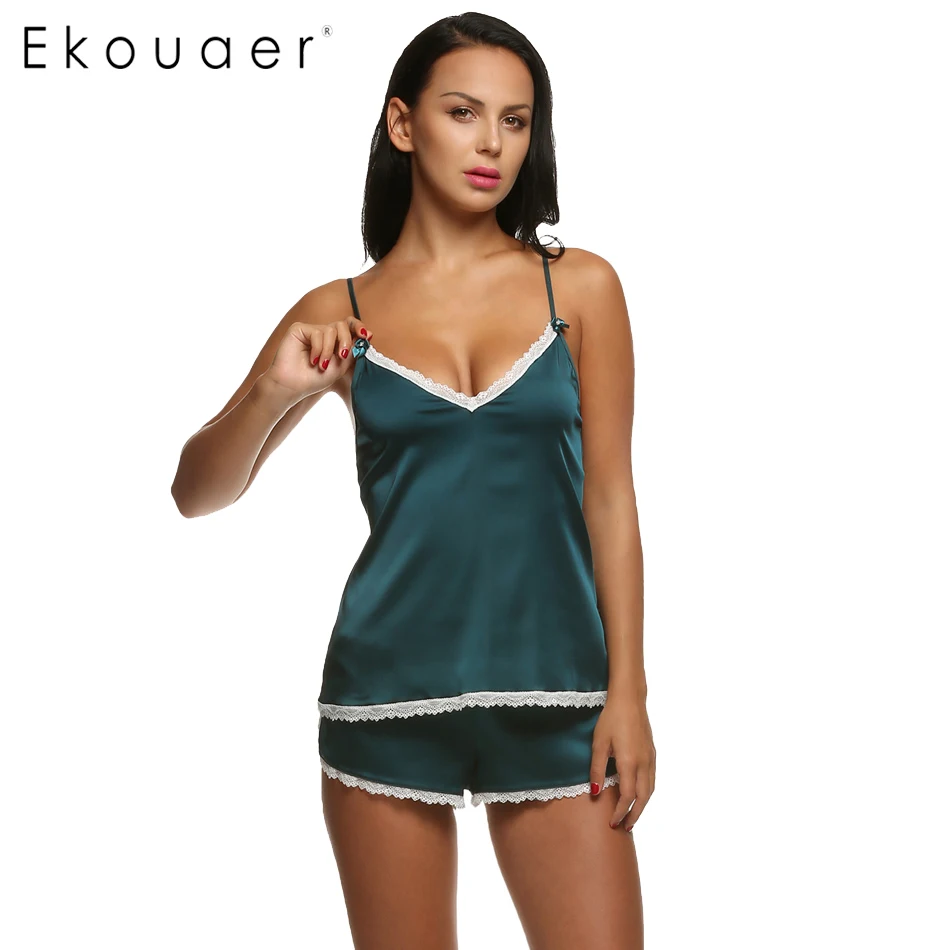 Ekouaer Women Clothes For Summer Shorts Sets V-Neck Sleepwear Satin Pajama Women’s Pajamas Spaghetti Strap Lace Sexy Pajama Set