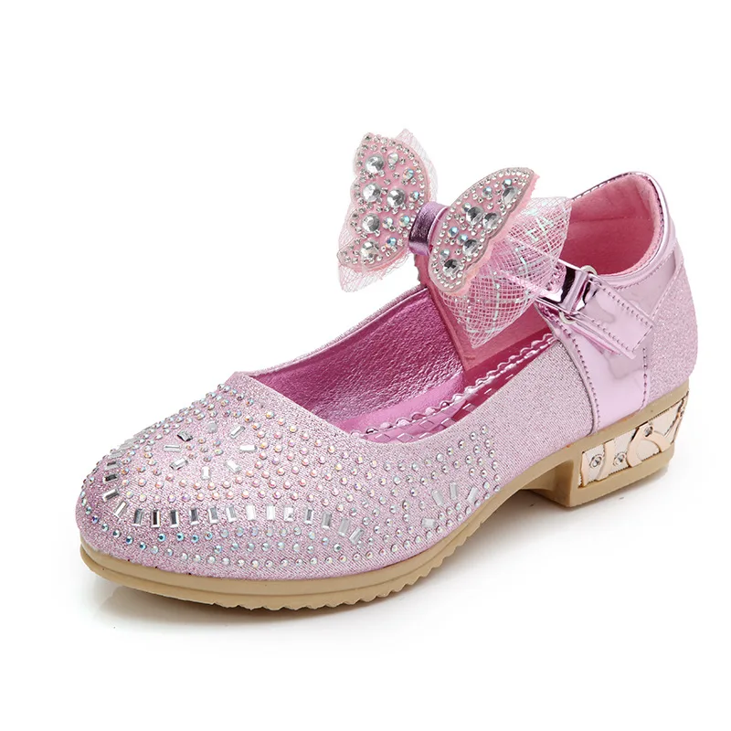 Принцесса дети кожаные туфли для девочек платье стразы с бантом на высоком каблуке Свадебная обувь для больших детей 3 4 5 6 7 8 9 10 11 лет - Цвет: pink