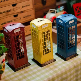 

Retro UK Style Telephone Booth Metal Money Saving Box Painted Retro Telephone Box Coin Saver mixed colors M1106