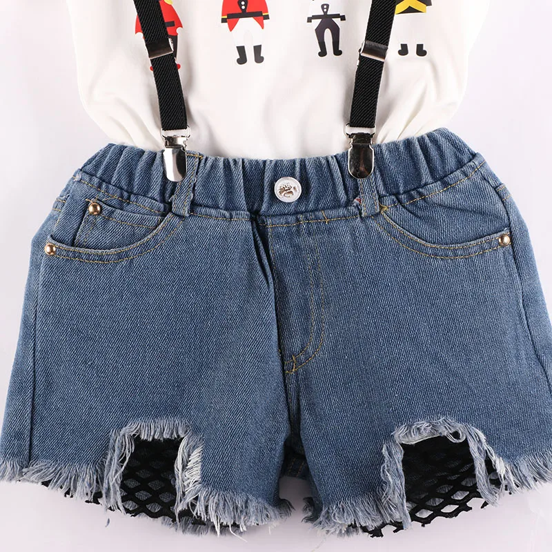 Girls Clothes Set Soldier Printed White Shirt And Jeans Shorts Overall Clothing Suit Summer Fashion Outfits Baby Kids Clothes