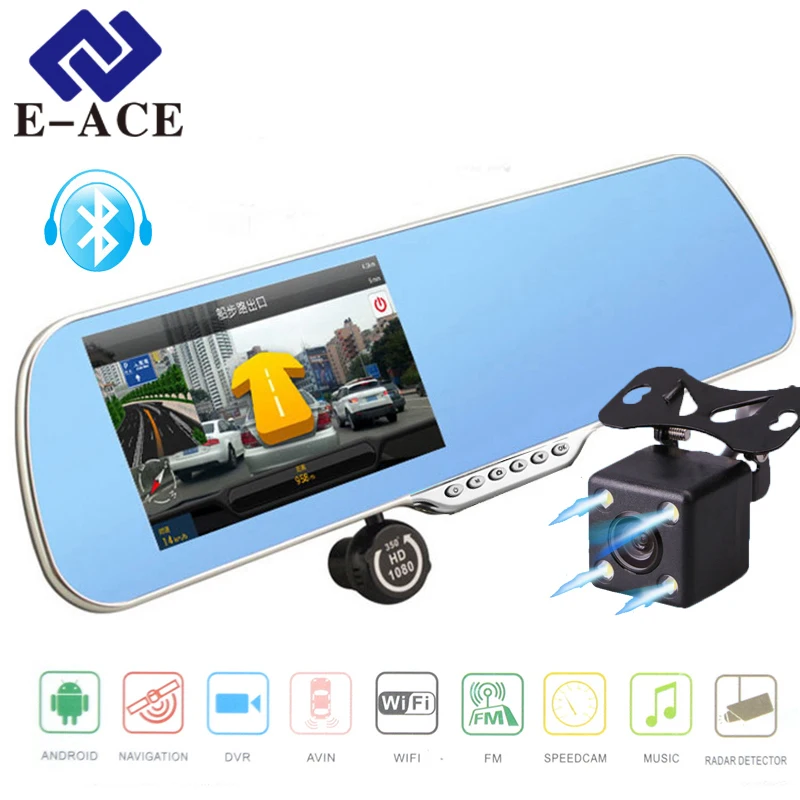 

E-ACE Car Dvr Mirror Bluetooth Navigator GPS Auto Rear-View Camera 5 Inch IPS Android Video Registrar Two Cameras Night Vision