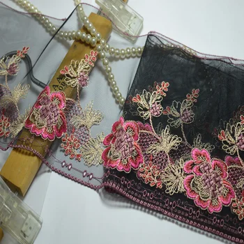 

somelace 16CM (2yds/lot) black mesh red shiny silk Embroide Hight quality lace fabrics embroidered lace trim0508010
