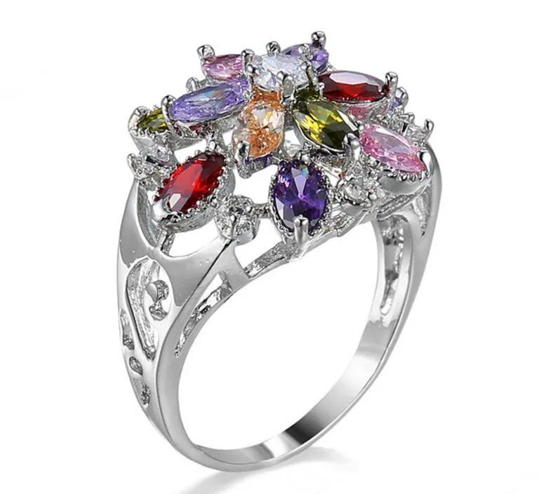

New Arrival Princess Flower Finger Ring for Female with Multicolor Cubic Zircon Wedding Jewelry
