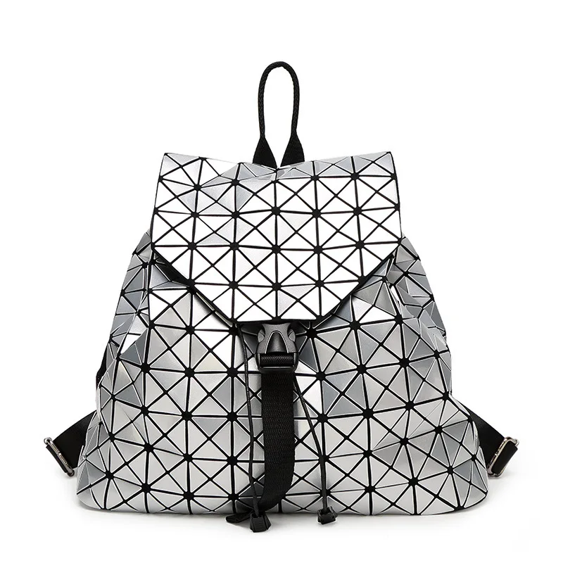 

Women Backpack Geometric Diamond Lattice Female Backpacks Folding Portable Drawstring Bag Holographic Backpack Girl School Bags