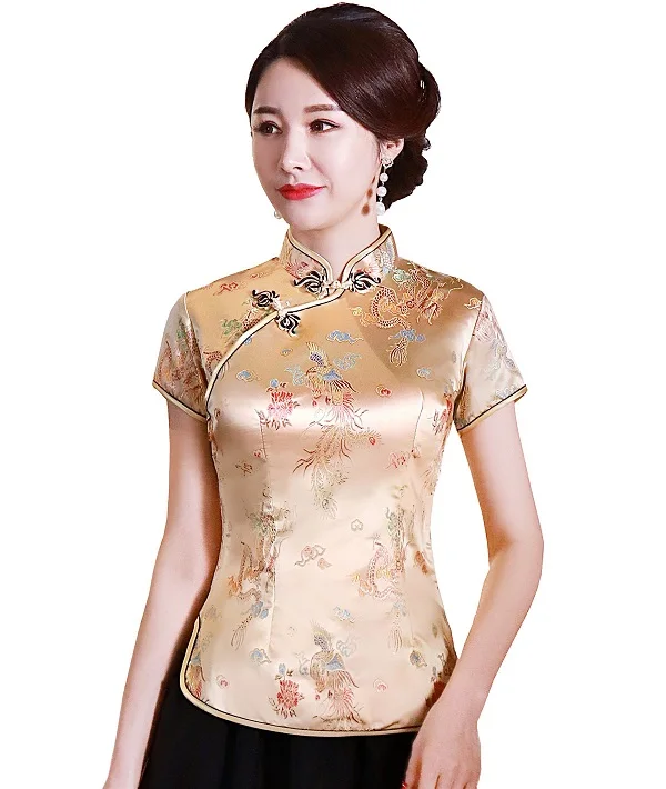 Шанхай история короткие Cheongsam Топ Традиционный китайский искусственный шелк/Атласный топ Дракон и Феникс Вышивка Блузка Топ Qipao рубашка - Цвет: Dragon Gold