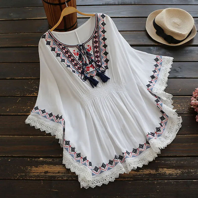 

2019 Women's Summer Retro Short Dress Boho Holiday Style Embroidery Cloak Sleeve Chic Loose Dresses Cotton Lace Beach Vestidos