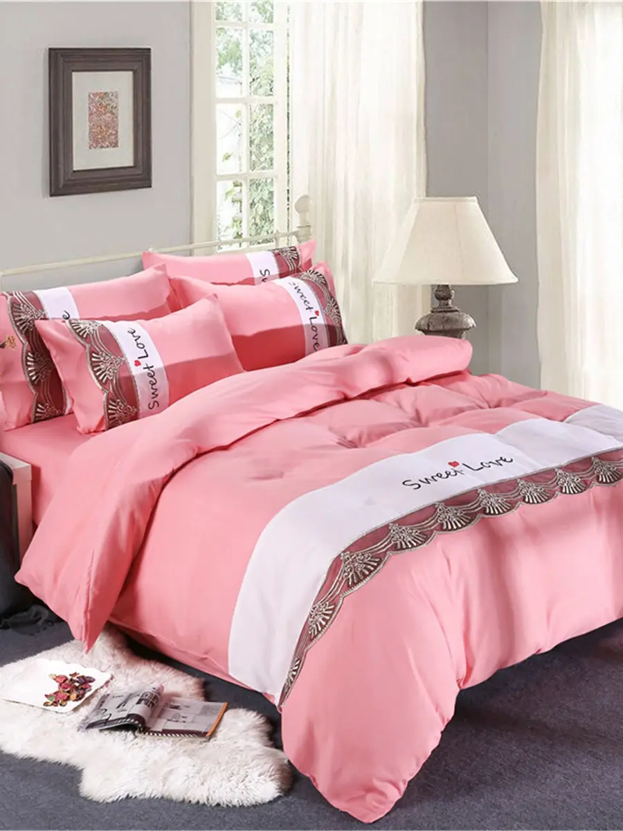 

4 Pcs Duvet Cover Set Embroidery Lace Decor Color Block Bedding Set