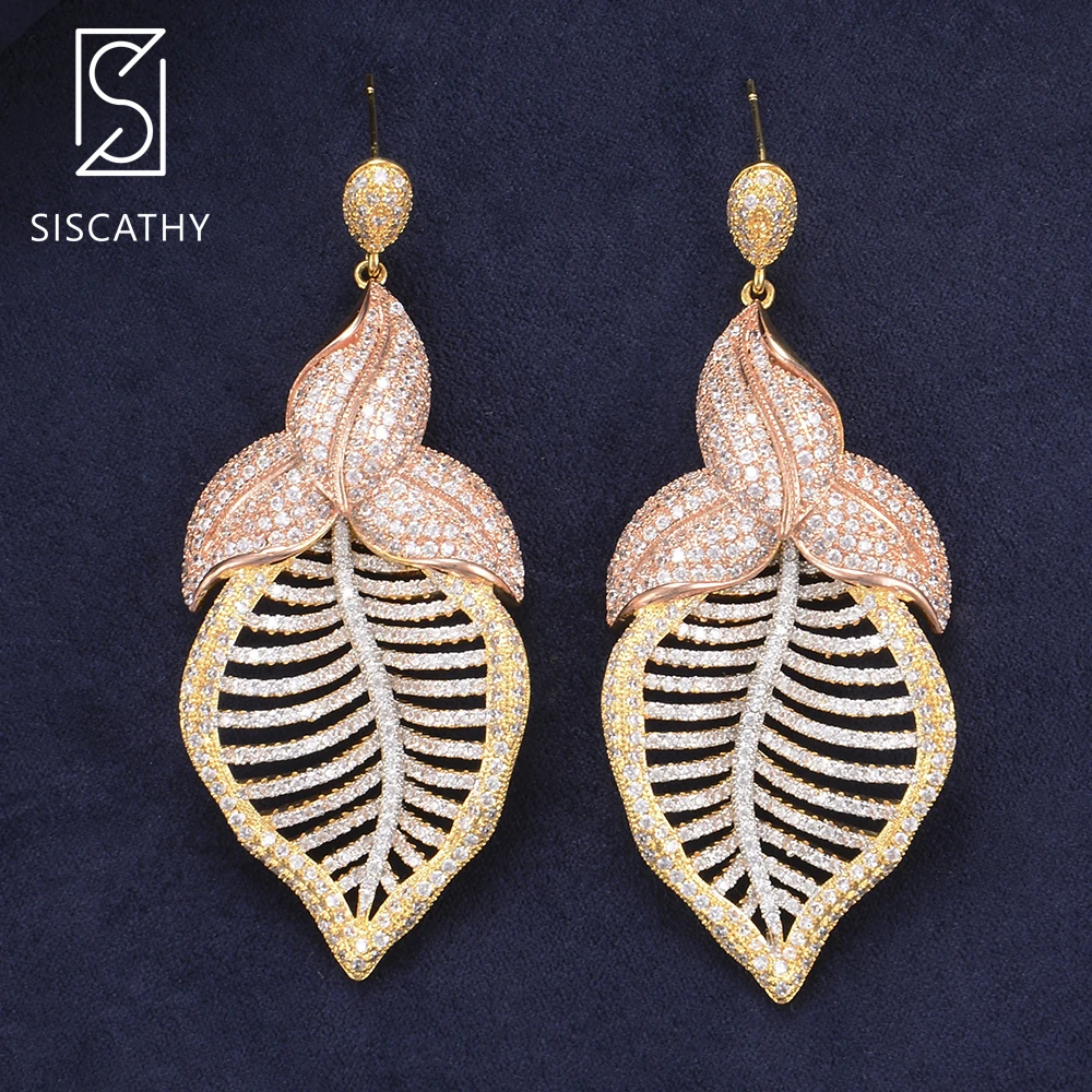 

27*69mm Luxury Blossom Hollow Dubai Nigerian Long Dangle Drop Earrings AAA Cubic Zirconia Inlaid For Wedding Engagement Party