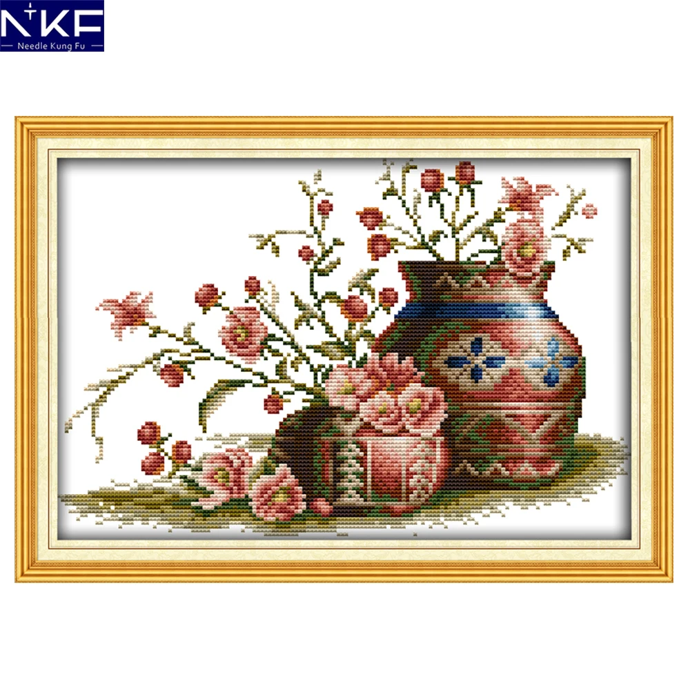 

NKF Flower In Pot Pattern Cross Stitch Painting Counted Printed on Canvas Needlework Sets Embroidery Kit Home Decor Cross Stitch