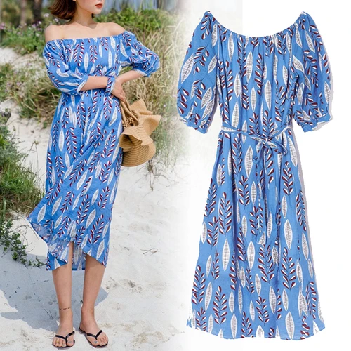 American Style Women Dress 2018 Summer Vintage Slash Neck Midi Dresses