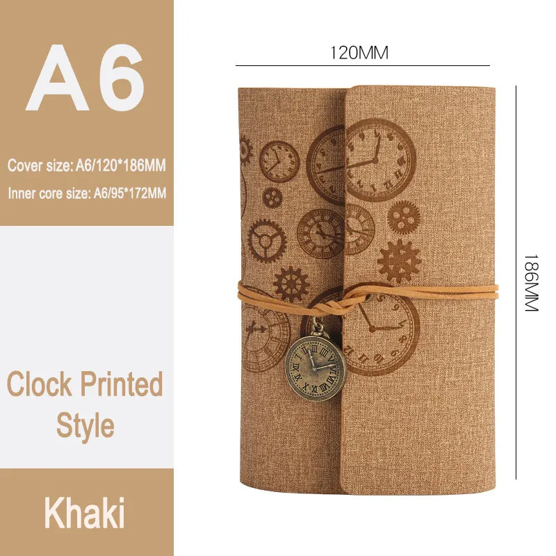 DELVTCH Vintage Clock A6 Spiral Notebook Travel Planner Memo Diary Journal Notepad Organizer Schedule Schoiol Student Stationery - Color: Clock Khaki