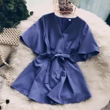 

Women V Neck High Waist Wide Leg Rompers Casual 2019 Summer Flare Sleeve Belt Shorts Beach Jumpsuits Loose Solid Playsuits