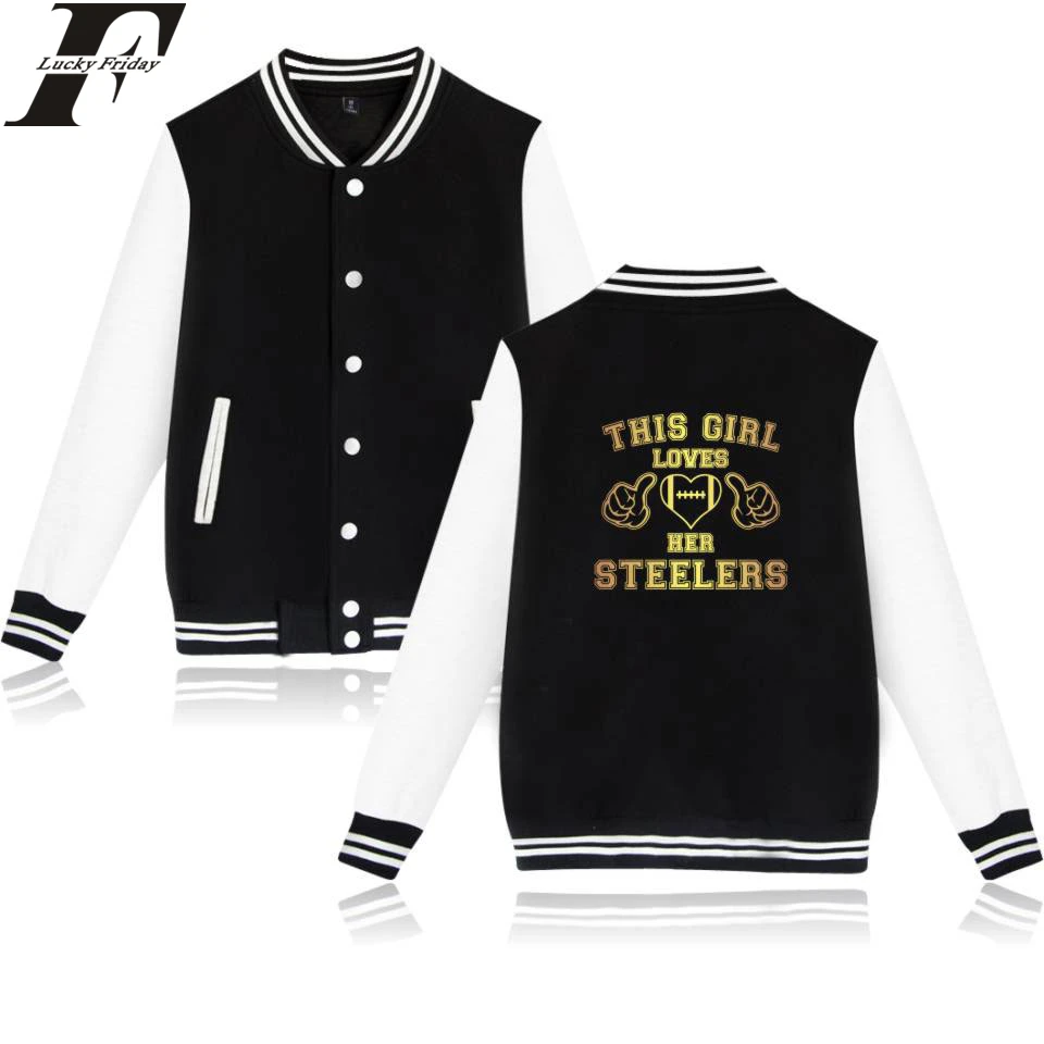 

LUCKYFRIDAYF 2018 This Girl Loves Her Steelers Baseball Jackets Collage Long Sleeve Baseball Jackets Men/Women Clothes Plus Size