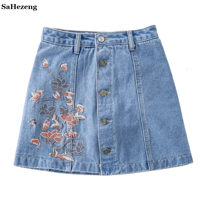 High Quality Vintage Flower Embroidery Denim Skirt Women Streetwear