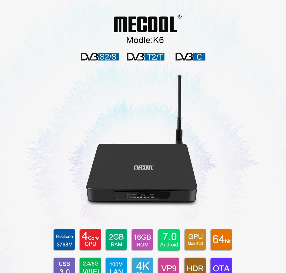 Mecool K6 DVB-T2 Android ТВ приставка Hisilicon Hi3798M 2 Гб 16 Гб DVB-S2 ТВ приставка 64 бит 4K 2,4/5 ГГц двойной Wifi BT4.1 USB3.0 4K Sep верхняя коробка