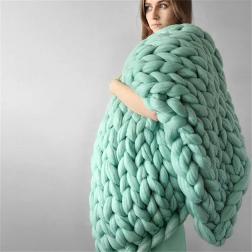 Модное одеяло крупной ручной вязки из толстой пряжи, похожее на шерсть, полиэстер, объемное вязаное одеяло s, зимнее мягкое теплое одеяло, Прямая поставка - Цвет: Light Green