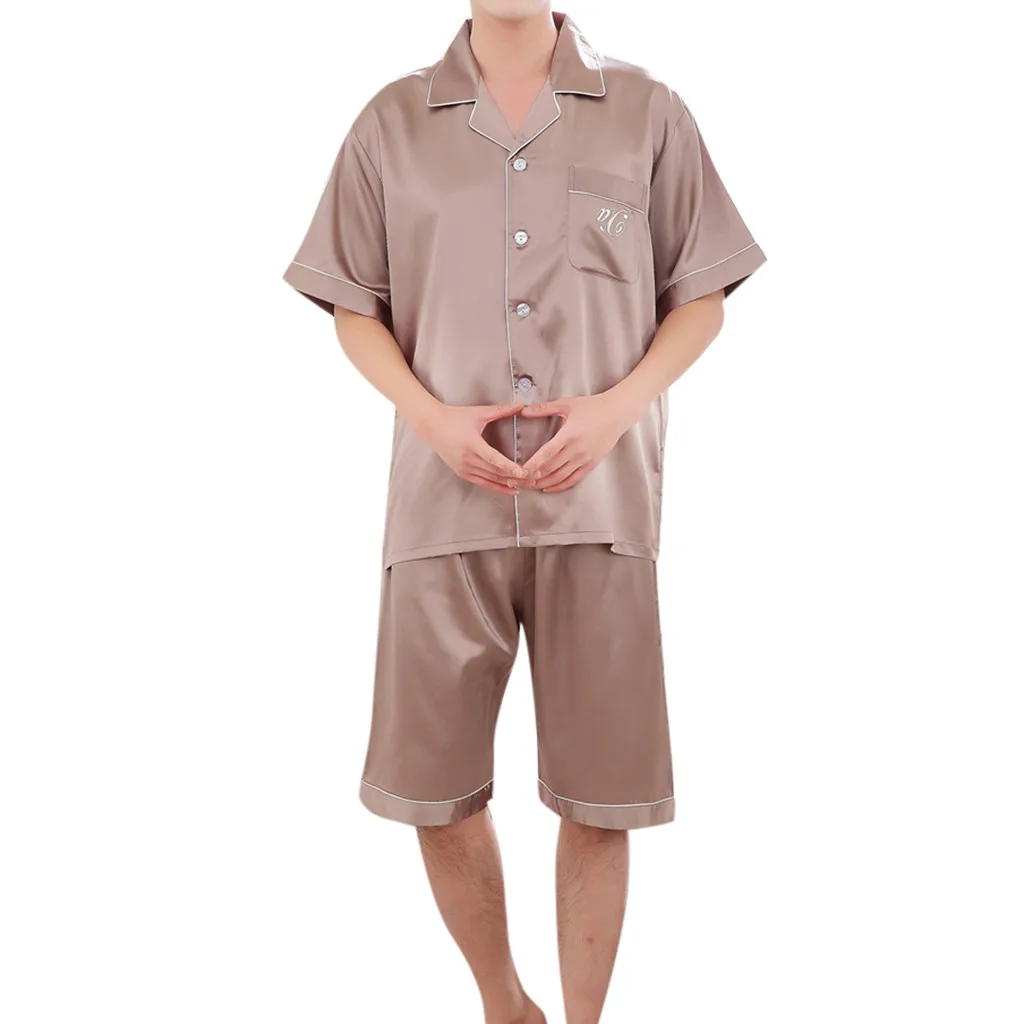 Men's Casual pijama hombre Spring Pure Color sleepwear men Home T-shirt& Shorts Male Pyjamas Set vetement - Цвет: Хаки