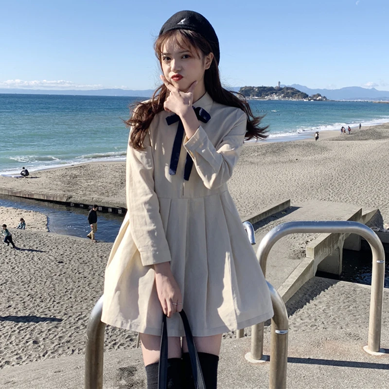 

Mihoshop Ulzzang Korean Korea Women Fashion Clothing Lapel Bow Peppy Student Long Sleeve Dress