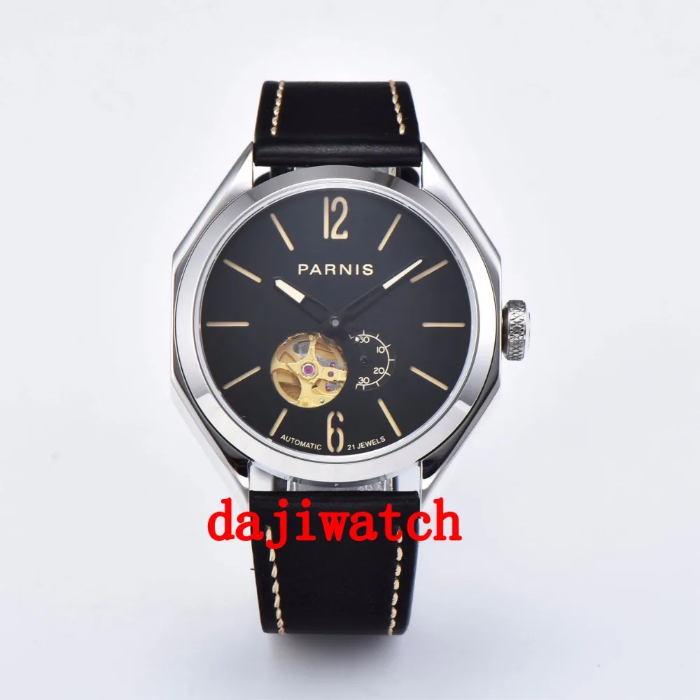 جديد Parnis الأسود مضيئة التلقائي الميكانيكية الرجال ووتش الياقوت الكريستال جديد Parnis الأسود مضيئة التلقائي الميكانيكية الرجال ووتش الياقوت الكريستال