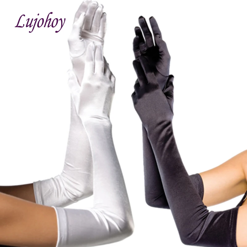 

White or Ivory Long Satin Wedding Gloves with Finger Red Black Bridal Gloves Bride Elbow
