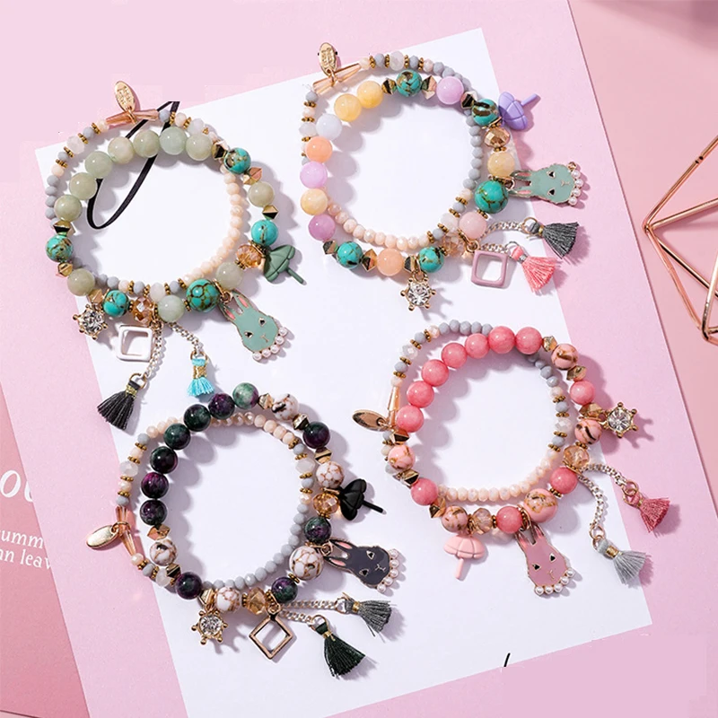 

2018 Korean Cartoon Rabbit Double Layer tassel Beaded Bracelet Opal Stone Pendant Bracelets for Women Girls Party Jewelry