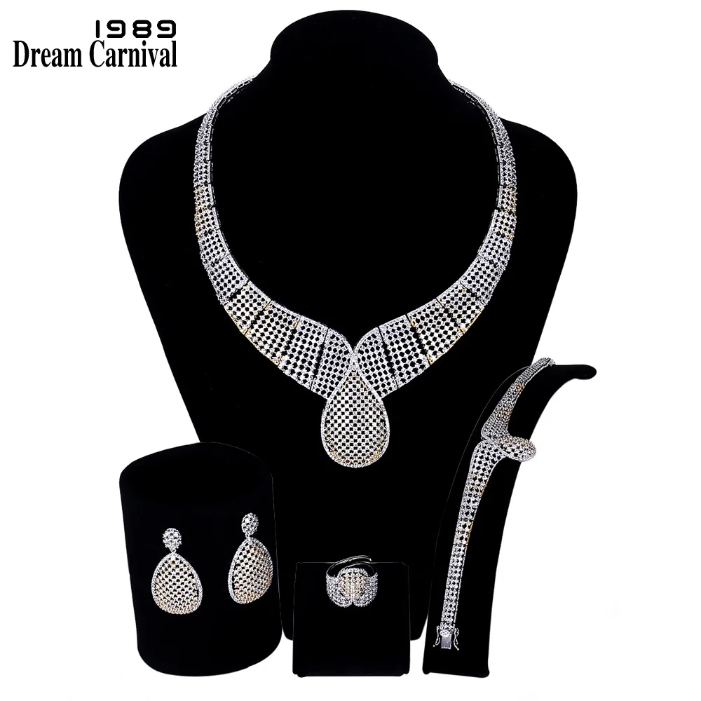 

DreamCarnival 1989 Water Drop Necklace Jewellery Sets for women 2-Tone Color White CZ Wedding Bijoux Mariage Sieraden SN06751