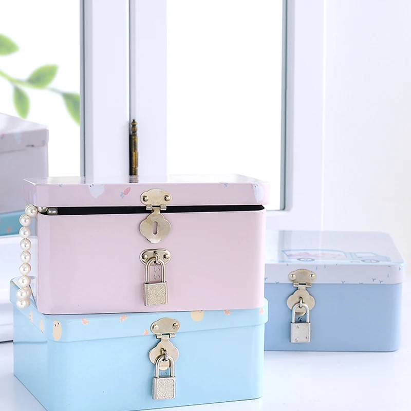Tinplate Cosmetic Storage Box With Lock Jewelry Makeup Skin Care Lipstick Brush Office Articles Organizer Sundries Container