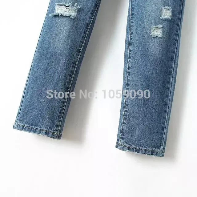 Высокий модные женские туфли блоггеров синий мыть Ripped Обжима Джинсы Брюки бойфренды стиль брюки джинсовые