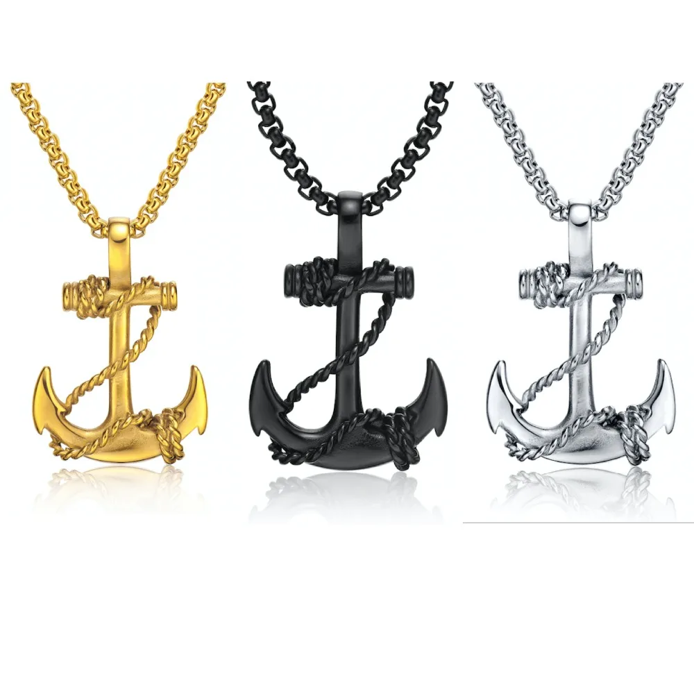 

Ocean Anchor & Rope Pendant Necklaces For Cool Men Punk Style 316L Steel Box Link Chain 3 Colors Personality Jewelry Gift.QL1134